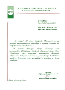 List gratulacyjny Dyrektora Wojskowego Instytutu Łączności